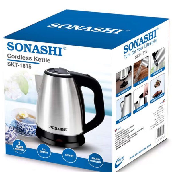Sonashi Stainless Steel Electric Cordless Kettle 1.8L - 360° Swivel Base with Light Indicator and Boil-Dry Protection | Kettles for Office/Home | Auto-Off and Kid-Safe Product 1.8 L 1500 W SKT-1815 Black/Silver