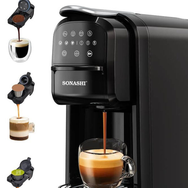 Sonashi SCM-4985 3 in 1 Multi-Capsule Coffee Machine – 1400W Coffee Maker with 700ML Detachable Water Tank, Touch Control Panel, Self-Cleaning Function | Kitchen Tools