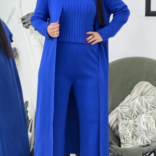 Chic 3-Piece Knitwear Set - Blue Turtleneck Top, Wide-Leg Pants & Long Cardigan